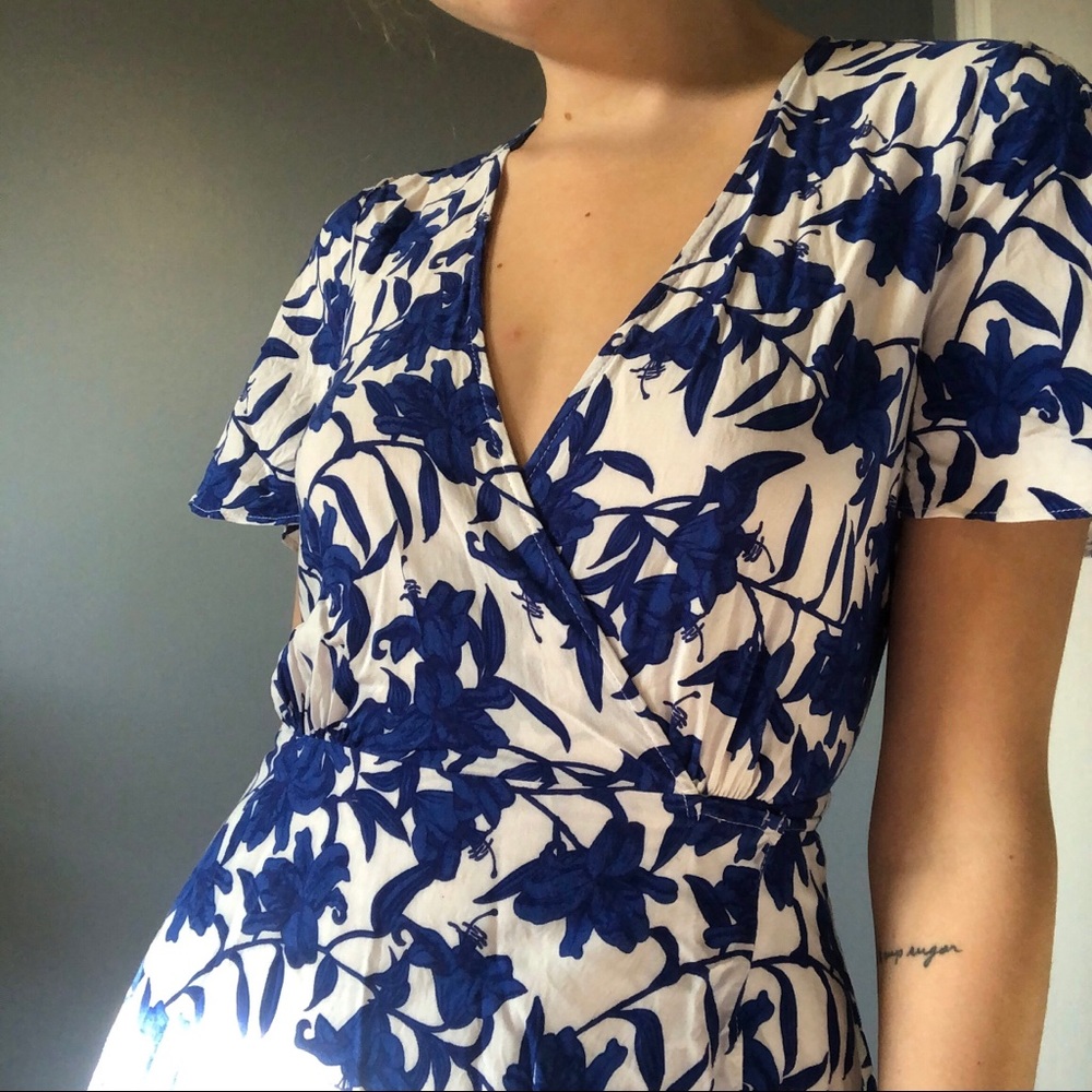 Blue and White Floral Wrap Dress - Picture 3 of 5